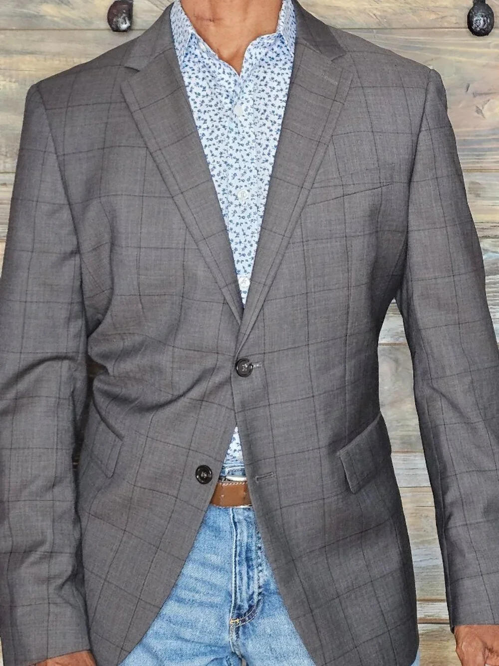 Banana Republic Marzotto Super 100's Wool Taupe Windowpane Jacket Blazer 42R